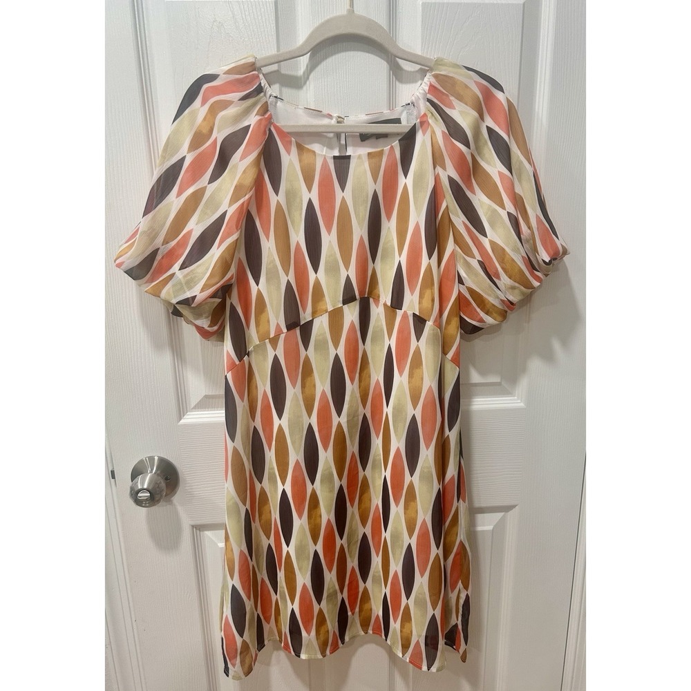 Harper 241 Multicolored Geometric Print Shift Dress Sz Small Balloon Sleeve